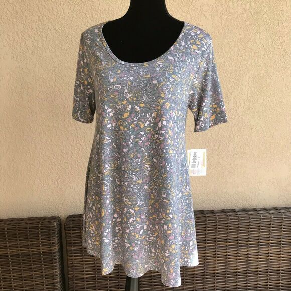 LuLaRoe Womens Top Sz S Perfect T Mustard Gray‎ Lavender Faded Look Floral NEW - Picture 5 of 6